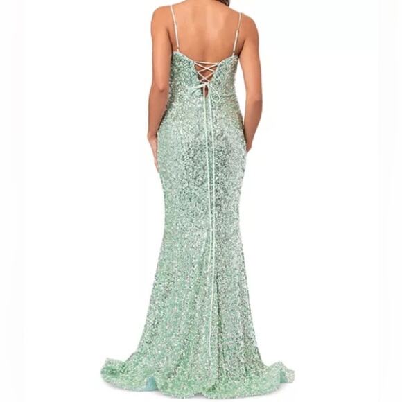 AQUA Formal Women’s Sequin Tie Back Floor Sweeping Gown Green Sz 10 - Picture 5 of 10